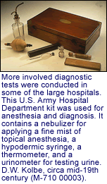 More involved diagnostic tests were
      conducted in some of the large hospitals. This U.S. Army Hospital
      Department kit
      was used for anesthesia and diagnosis. It contains a nebulizer for
      applying a
      fine mist of topical anesthesia, a hypodermic syringe, a thermometer,
      and a
      urinometer for testing urine.  D.W. Kolbe, circa mid-19th century
      (M-710
      00003).